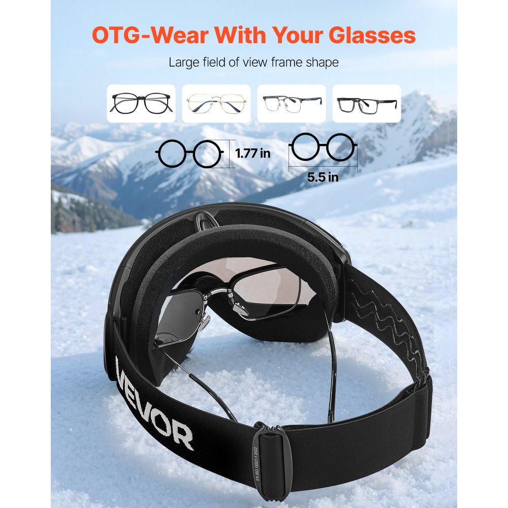 VEVOR Frameless Skibril, Sferische Lens met Silver Mirror Revo Coating, OTG Anti-Fog Motocrossbril, Motorbril, Crossbril, Beschermende Bril, voor Skiën, Skaten, Snowboarden