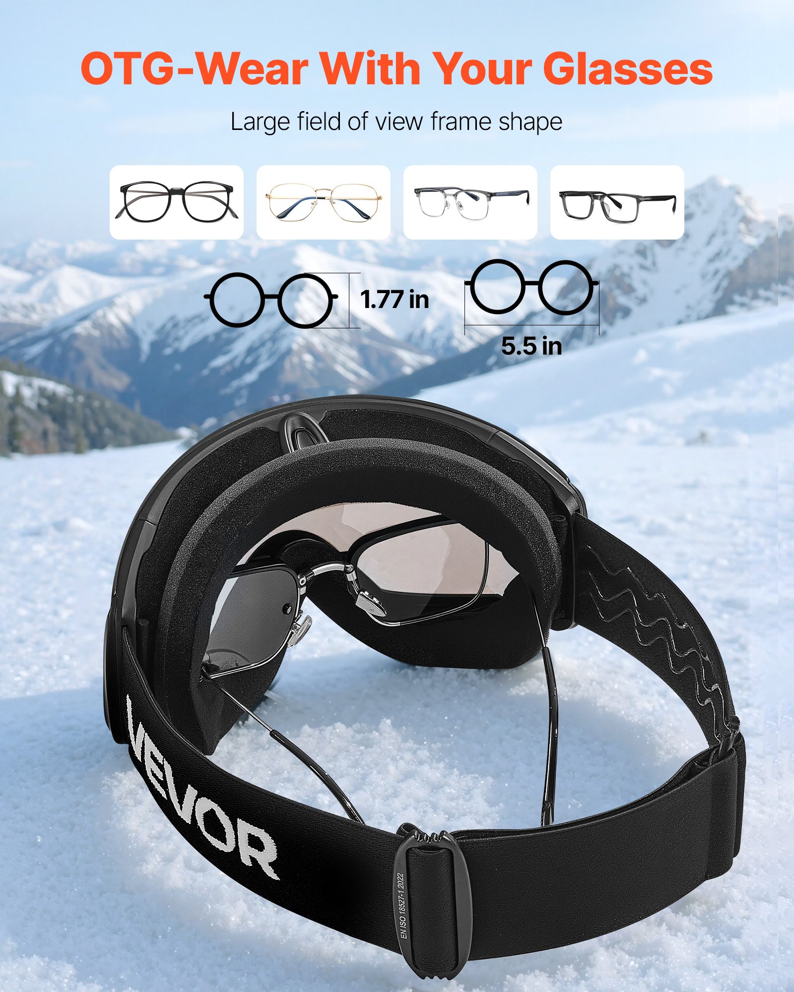 VEVOR Frameless Skibril, Sferische Lens met Silver Mirror Revo Coating, OTG Anti-Fog Motocrossbril, Motorbril, Crossbril, Beschermende Bril, voor Skiën, Skaten, Snowboarden