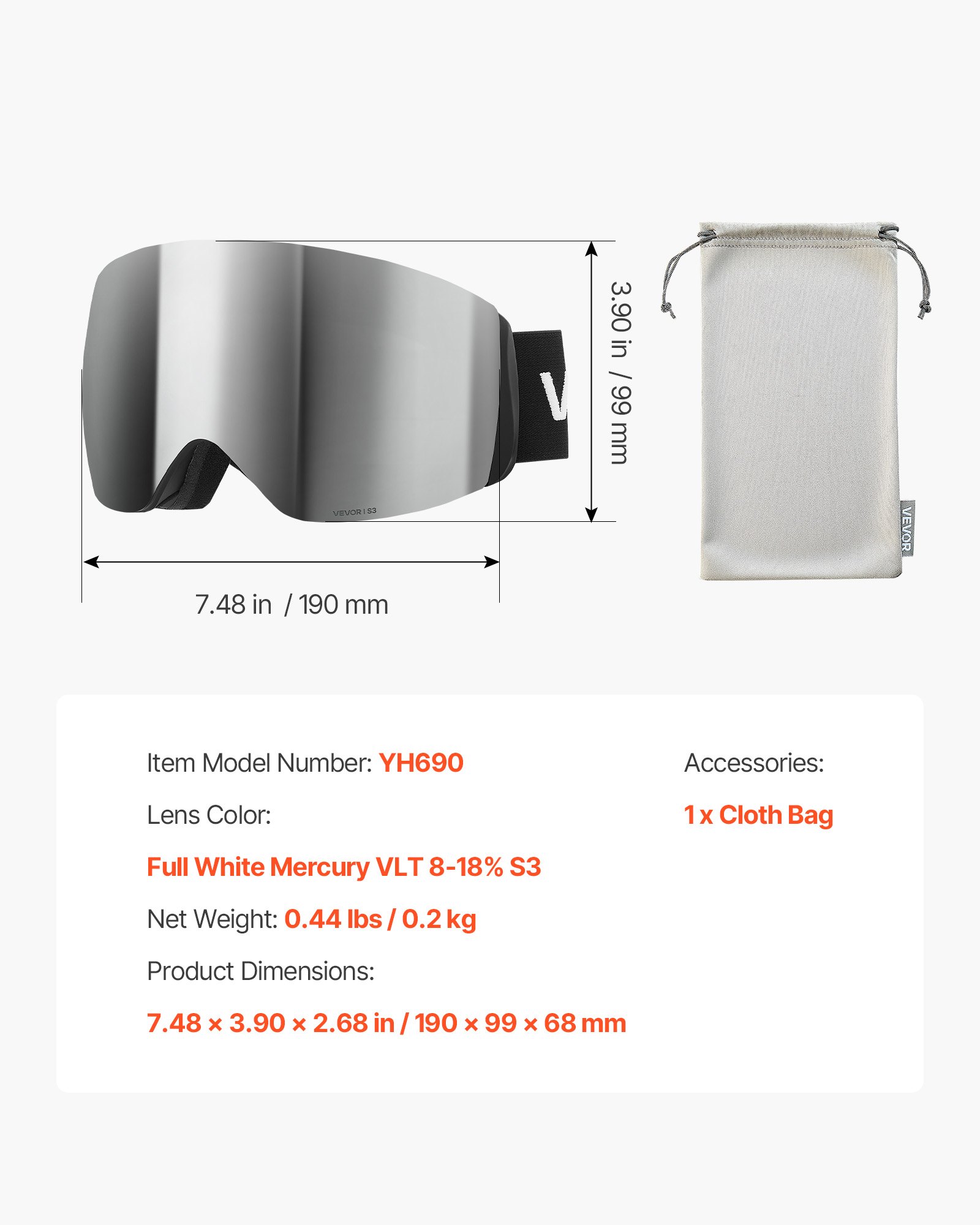VEVOR Frameless Skibril, Sferische Lens met Silver Mirror Revo Coating, OTG Anti-Fog Motocrossbril, Motorbril, Crossbril, Beschermende Bril, voor Skiën, Skaten, Snowboarden
