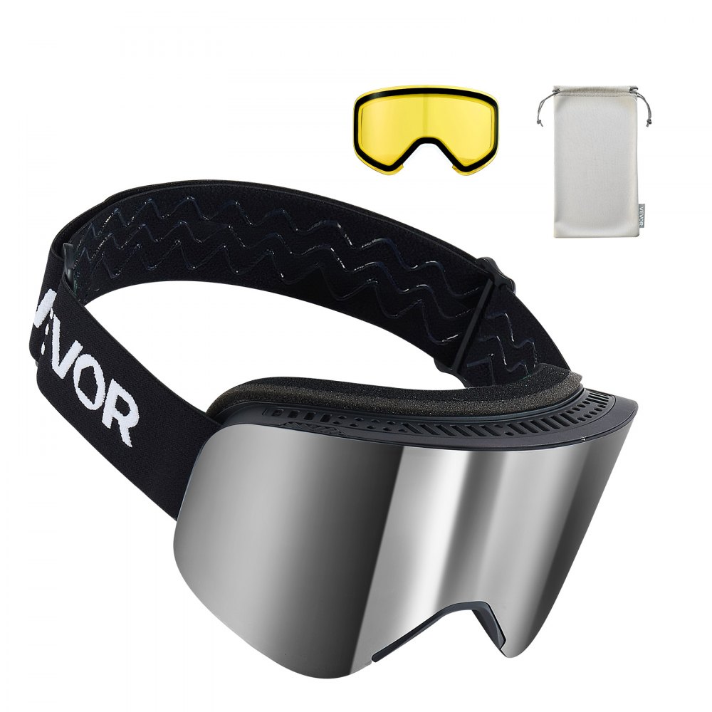 VEVOR Skibril Frameloos, Magnetische Cilindrische Lens met Zilverkleurige Spiegel Revo Coating, OTG Anti-condens Bril, Motorbril, Geschikt voor Skiën, Skaten, Snowboarden
