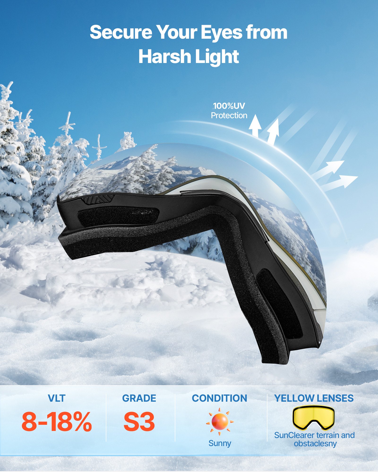 VEVOR Skibril Frameloos, Magnetische Cilindrische Lens met Zilverkleurige Spiegel Revo Coating, OTG Anti-condens Bril, Motorbril, Geschikt voor Skiën, Skaten, Snowboarden