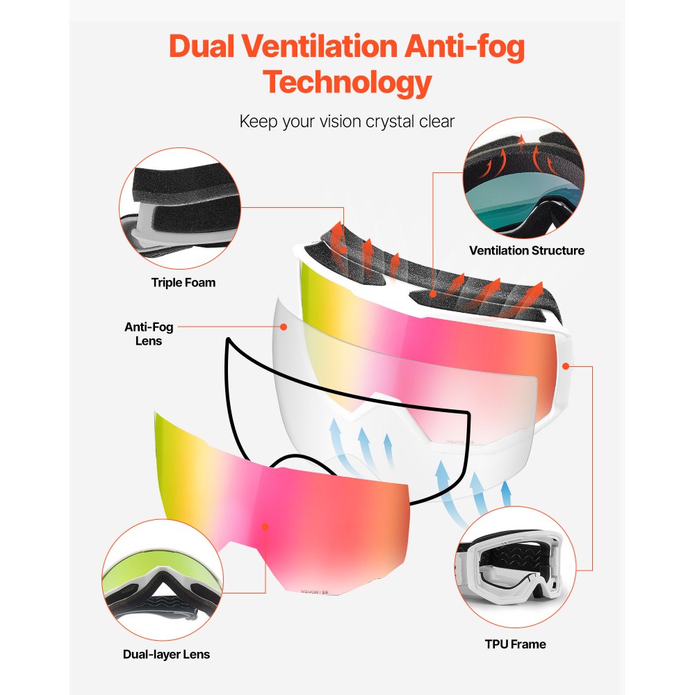 VEVOR Skibril, Cilindrische lens met roze Revo-coating, OTG anti-condens motorbril, motorcrossbril, beschermende bril, crossbril geschikt voor skiën, schaatsen, snowboarden, fietsen