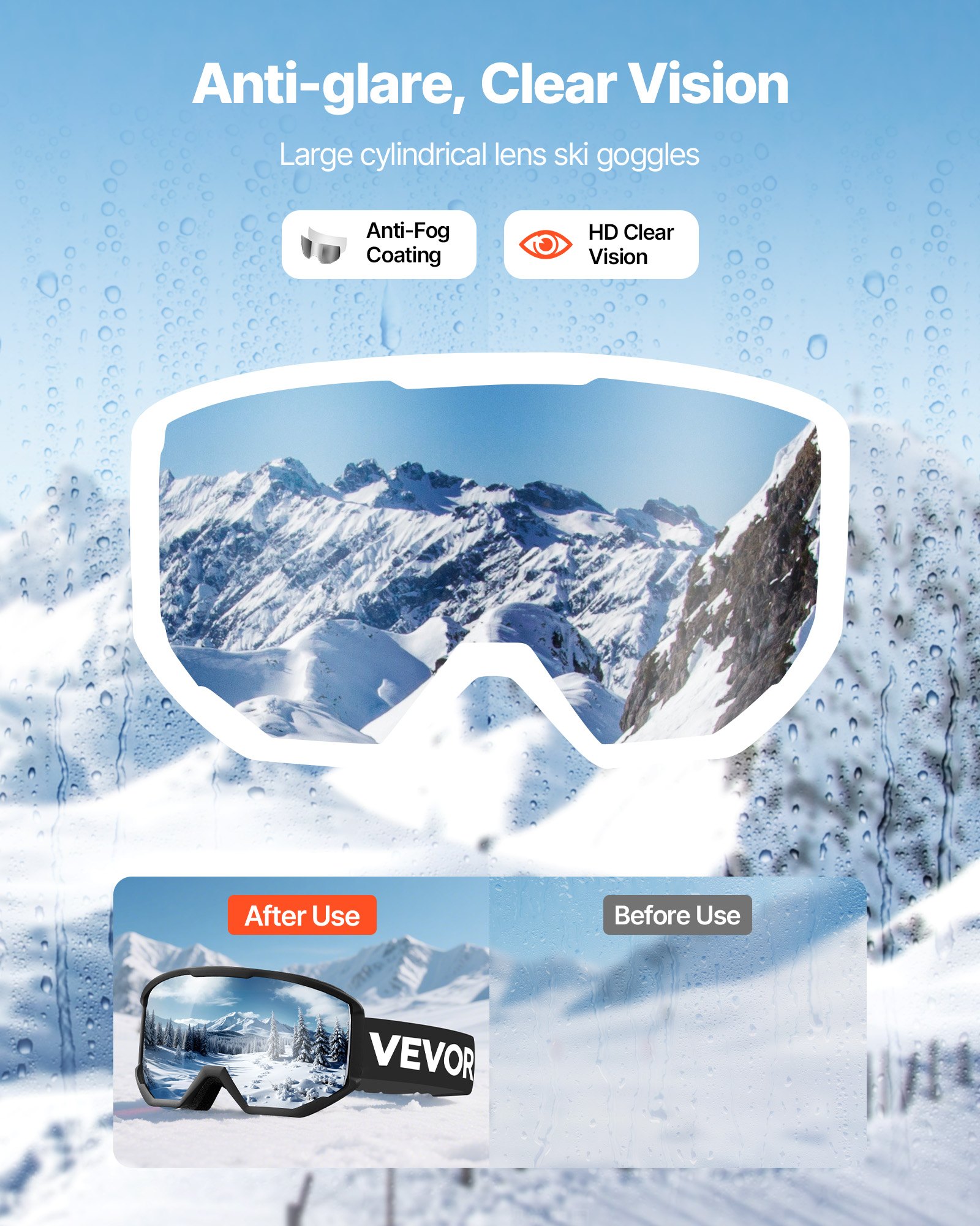 VEVOR Skibril, Cilindrische lens met Silver Mirror Revo-coating, OTG anti-condens motorbril, motorcrossbril, crossbril geschikt voor skiën, schaatsen, snowboarden, fietsen