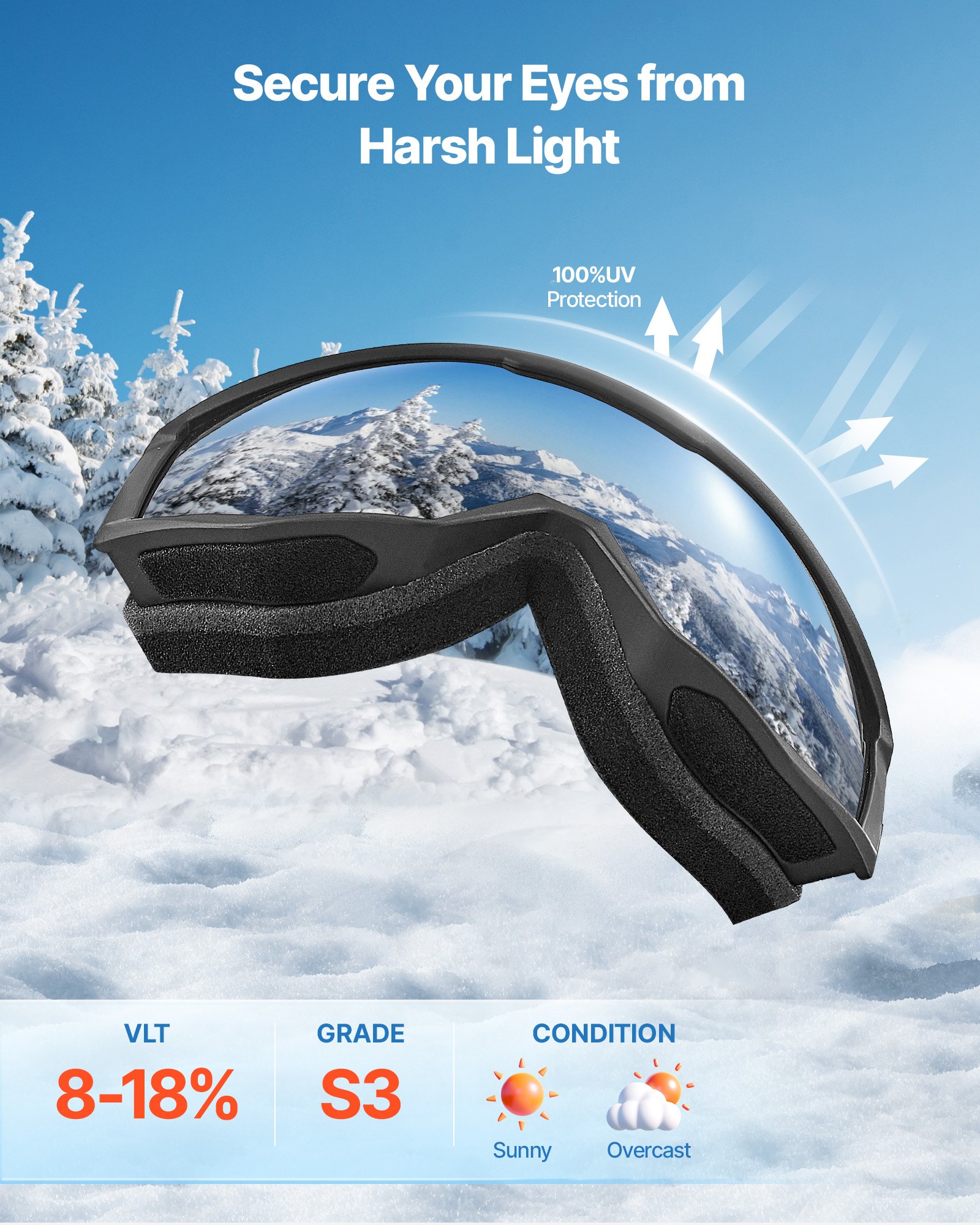 VEVOR skibril, cilindrische lens met oranje Revo-coating, OTG anti-condens motorcrossbril, TPU-frame en ventilatiestructuur, motorbril voor skiën, snowboarden en fietsen