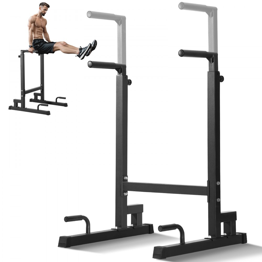 VEVOR dip bar featuring a person demonstrating leg raises, highlighting stability and sturdy construction.