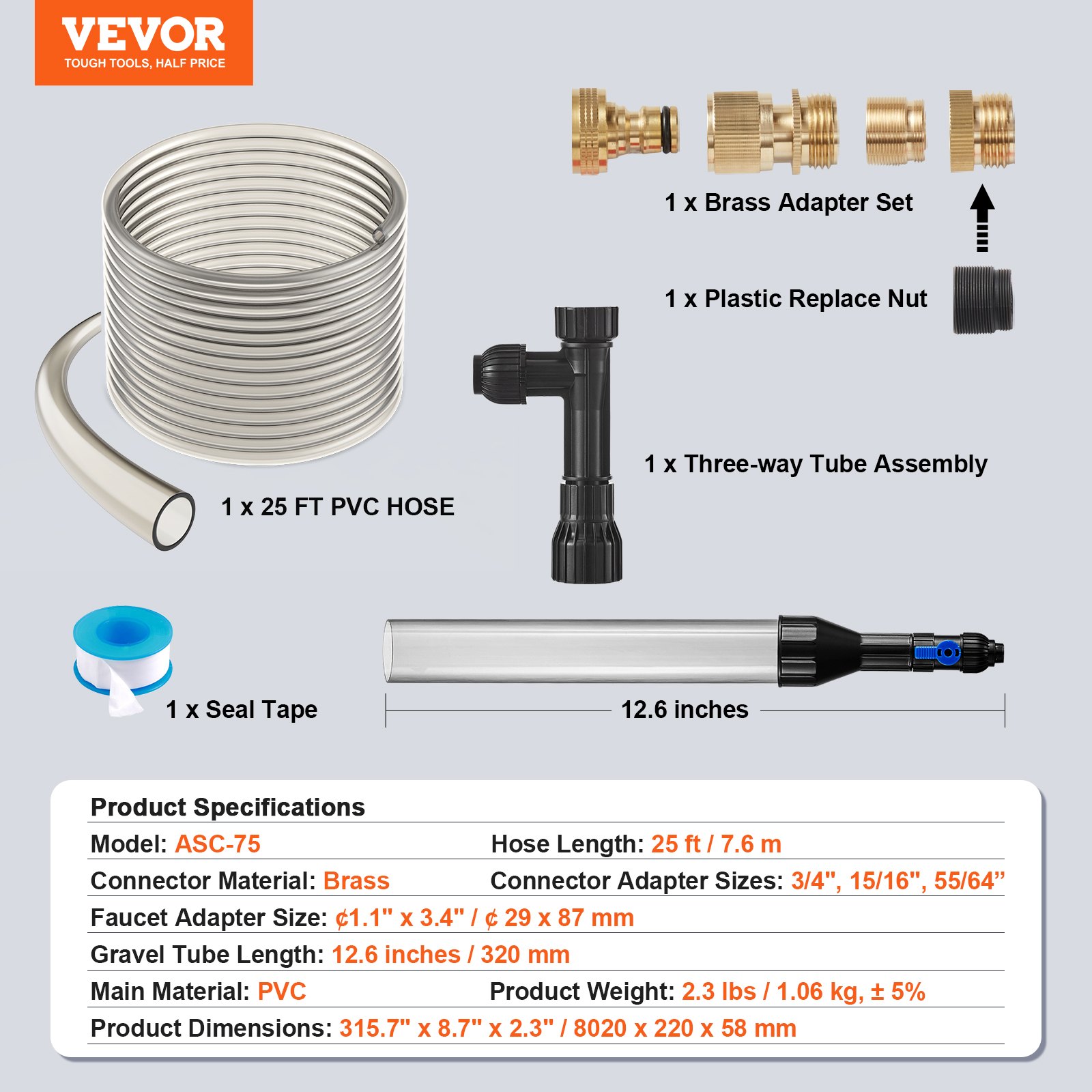 VEVOR Aquariumstofzuiger, Aquariumgrindreiniger, 7,6 m PVC-slang, Aquariumgrindreiniger, Sifon Aquariumreiniger, 3 soorten messing adapters, voor het reinigen van grind en zand in aquaria