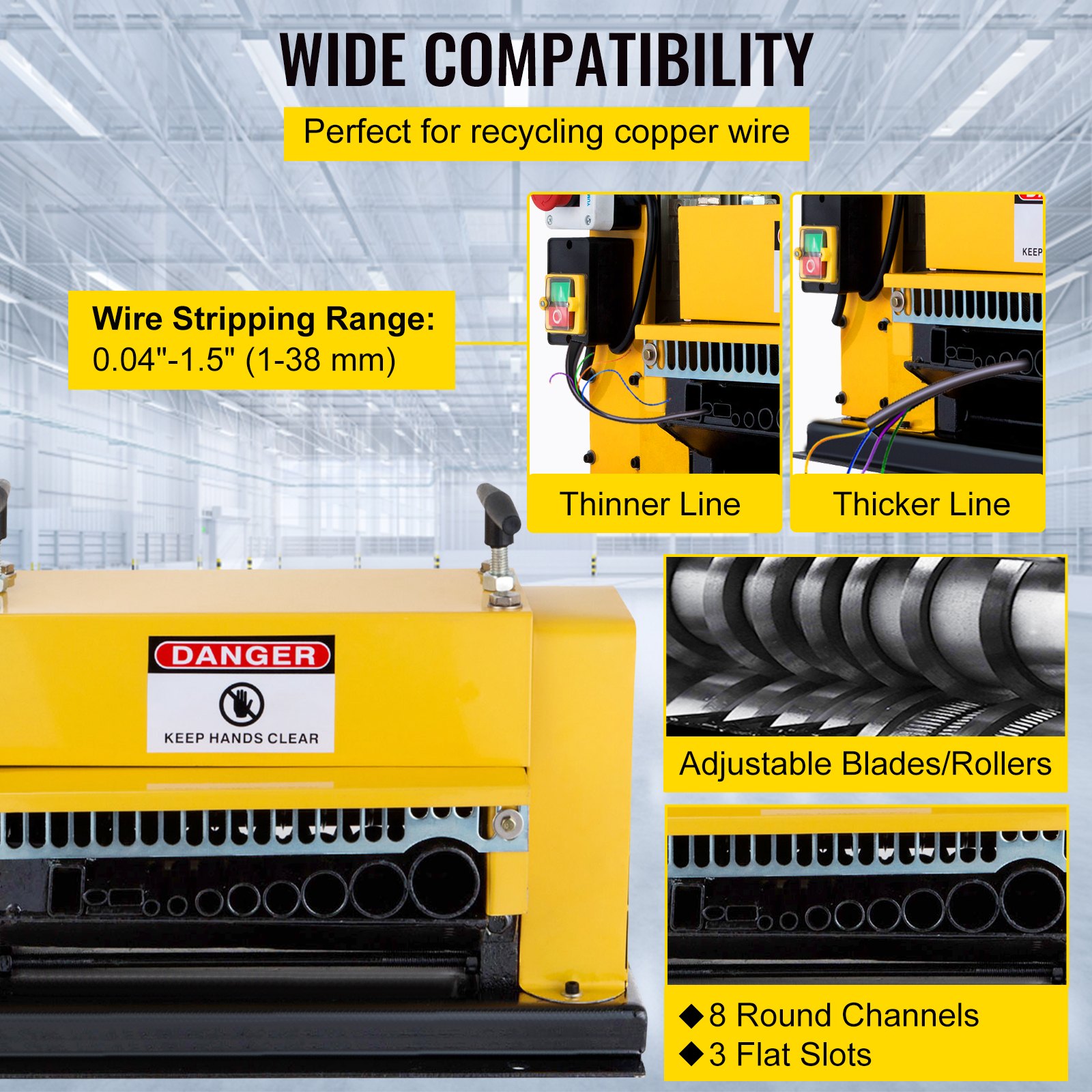 VEVOR Electric Wire Stripping Machine Wire Range 1MM-38MM, Wire Peeling Cutting Machine 220V, Automatic Wire Stripping Machine 11 Channels, Electric Copper Wire Cable Stripper with 10 Blades