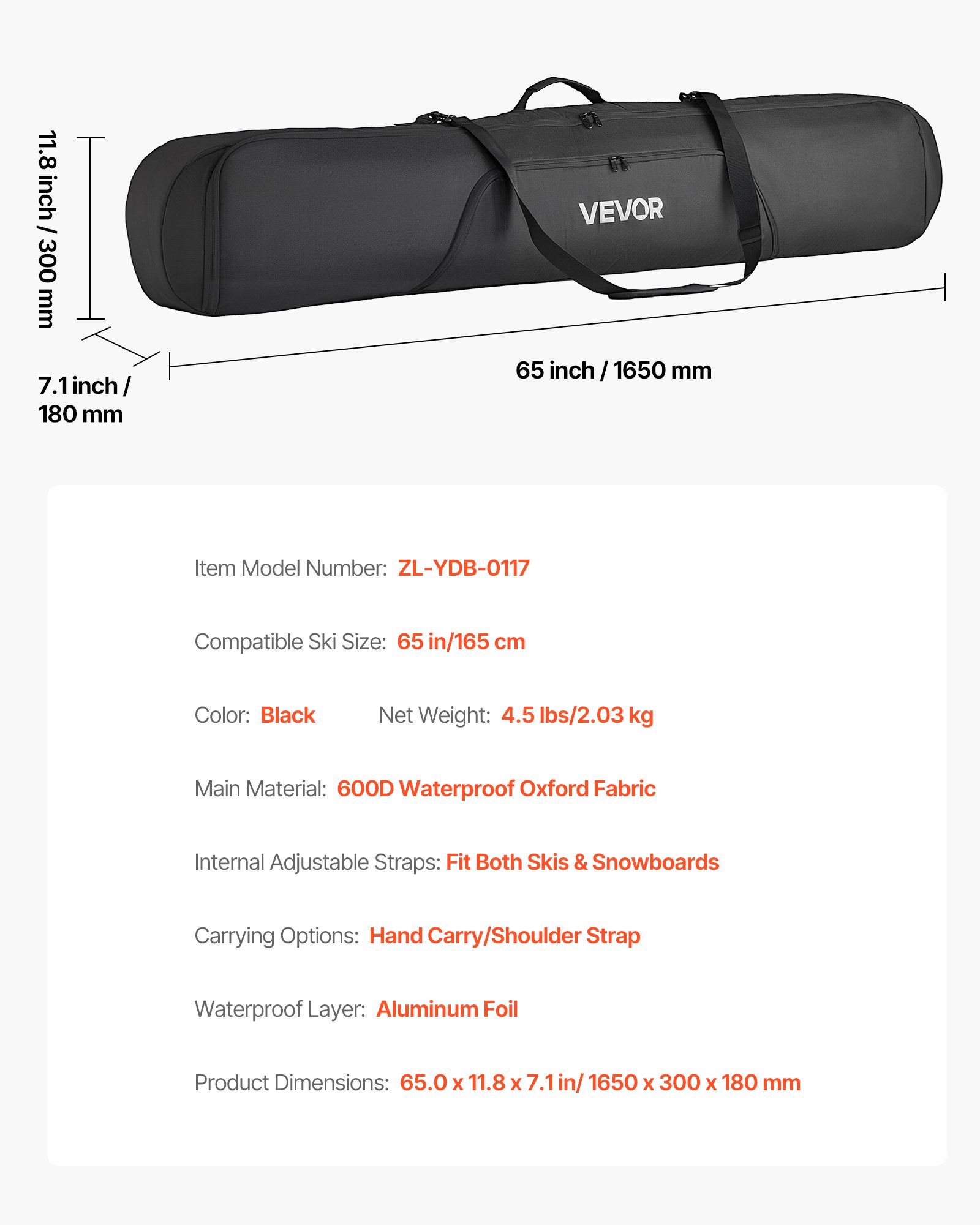 VEVOR Skitas, tot 165 cm, Skitas, Skizak, Skihoes, 600D Oxford-stof, met verstelbare binnenriemen, Skitas voor skistokken, bril, handschoenen, helmen, laarzen (zwart)