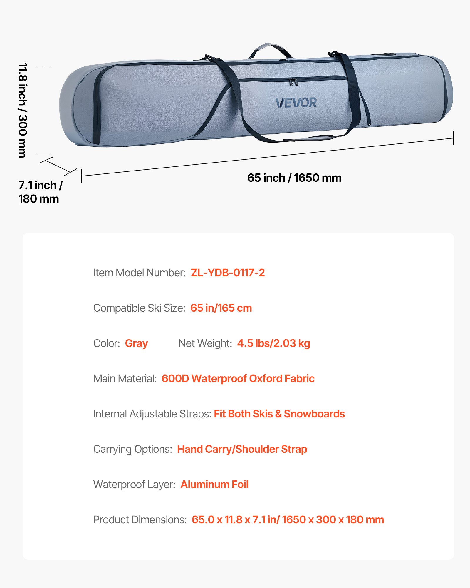 VEVOR Skitas, tot 165 cm, Skitas, Skihoes, Waterdicht 600D Oxford-materiaal, met verstelbare binnenriemen, Skitas voor skistokken, bril, handschoenen, helmen, laarzen (grijs)