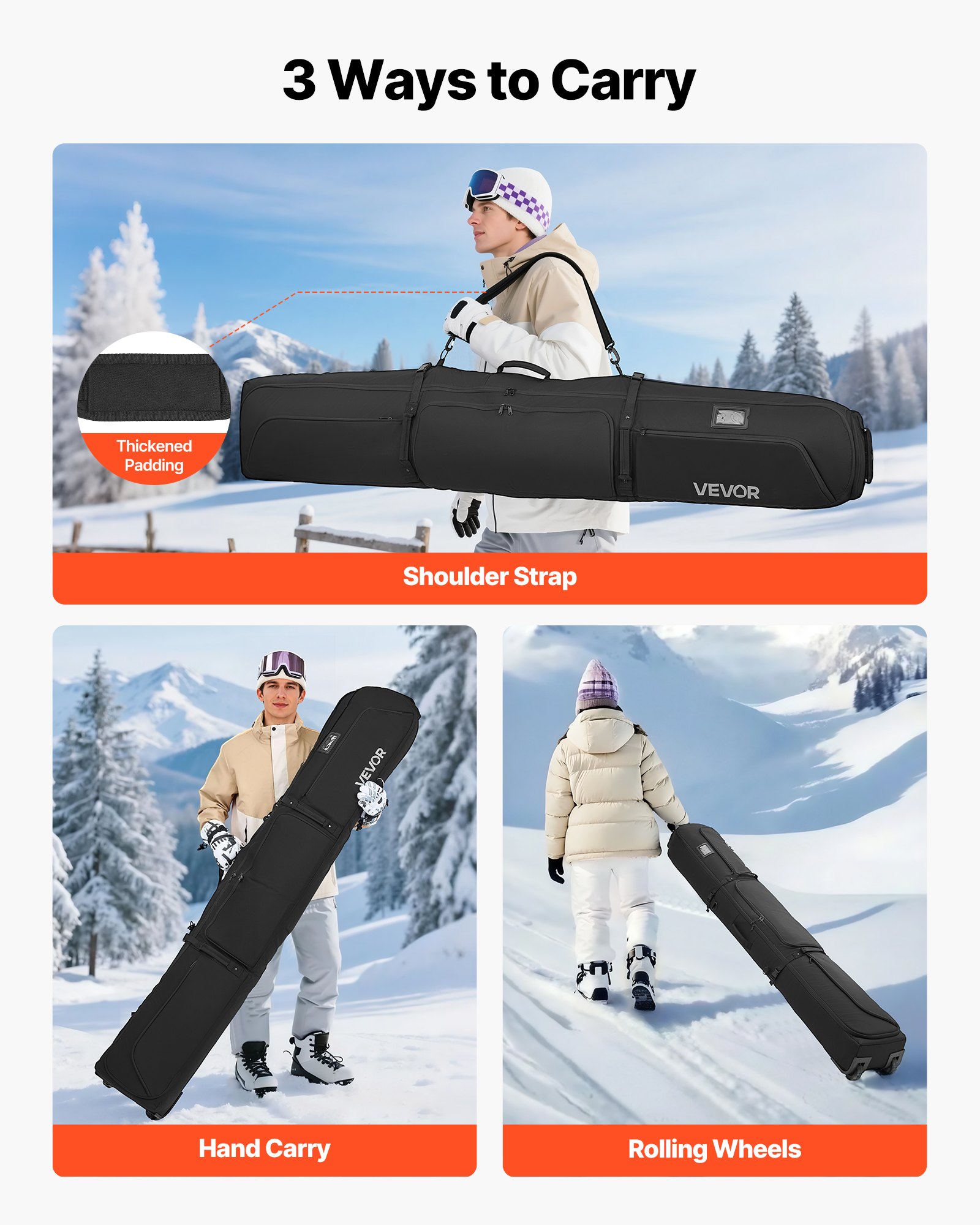 VEVOR Ski Roller Bag, Up to 74.8 in/190 cm, Padded Snowboard Bag with Wheels for Air Travel, 600D Waterproof Oxford Fabric, with Adjustable Straps, for Skis Poles Goggles Gloves Helmet Boots (Black)