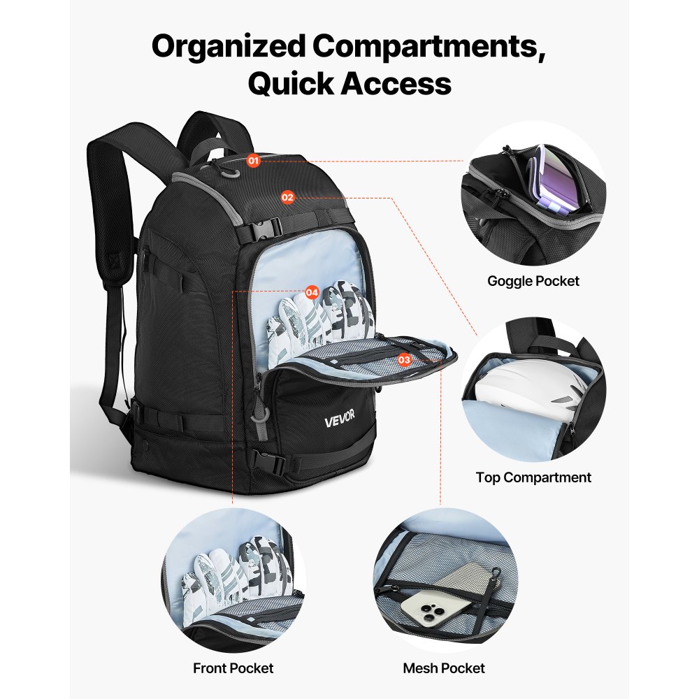 VEVOR Ski Boot Bag, 55L, Snowboard Boots Travel Backpack for Men Women, with Waterproof Exterior & Bottom, Durable 1680D Oxford, Bag for Skis, Snowboard, Helmet, Goggles, Gloves, Accessories (Black)