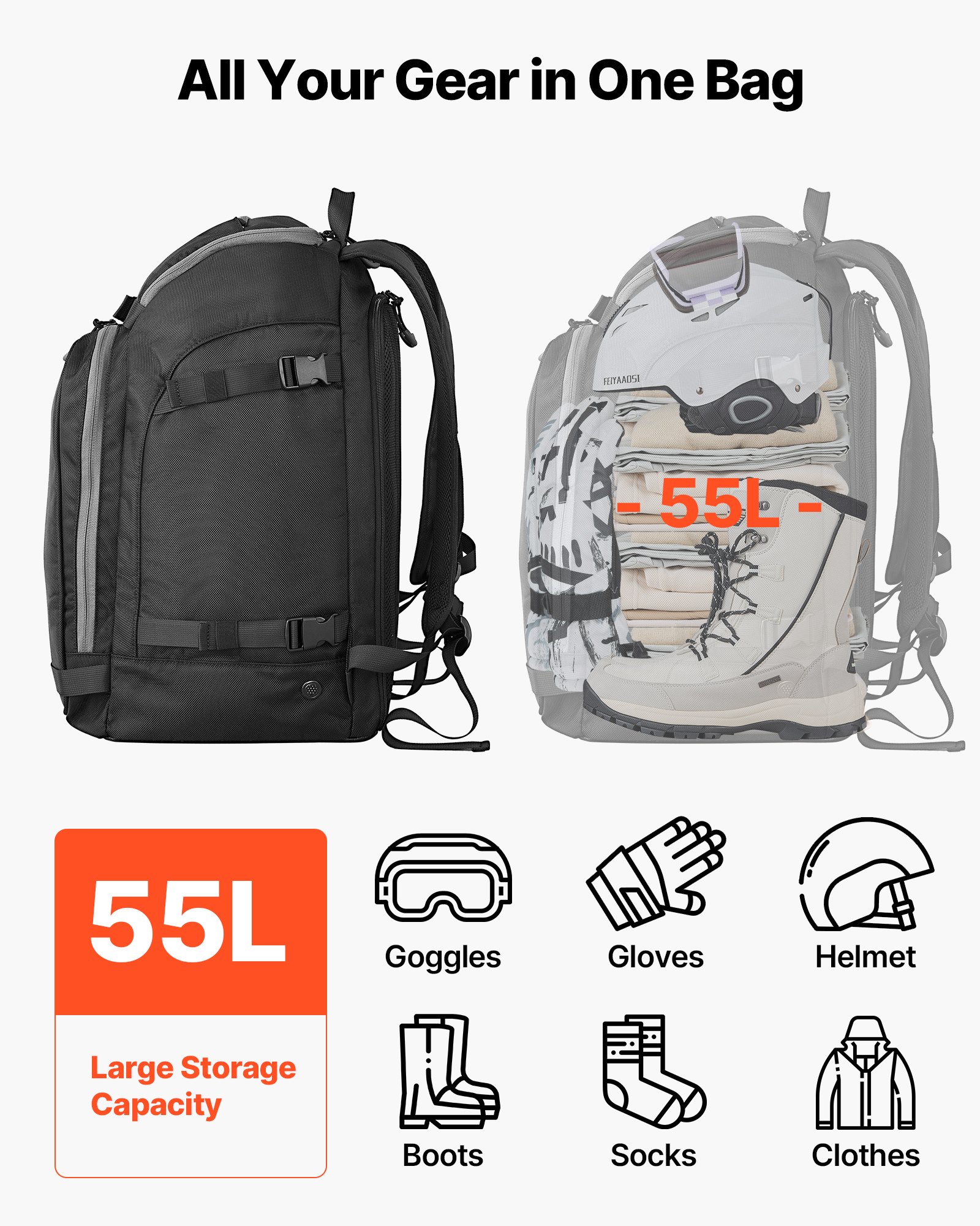 VEVOR Ski Boot Bag, 55L, Snowboard Boots Travel Backpack for Men Women, with Waterproof Exterior & Bottom, Durable 1680D Oxford, Bag for Skis, Snowboard, Helmet, Goggles, Gloves, Accessories (Black)