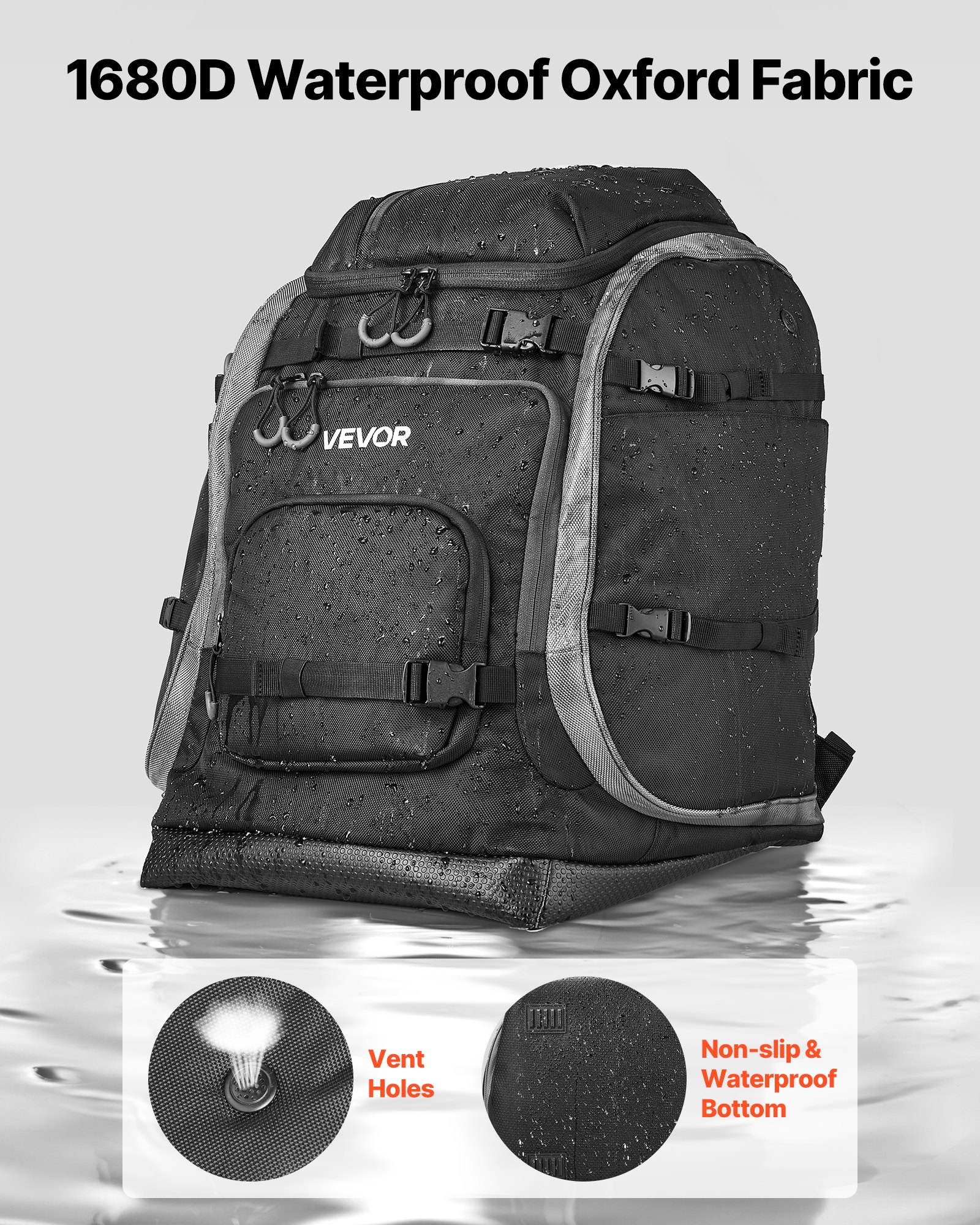 VEVOR Ski Boot Bag, 70L, Snowboard Boots Travel Backpack for Men Women, with Waterproof Exterior & Bottom, Durable 1680D Oxford, Bag for Skis, Snowboard, Helmet, Goggles, Gloves, Accessories (Black)