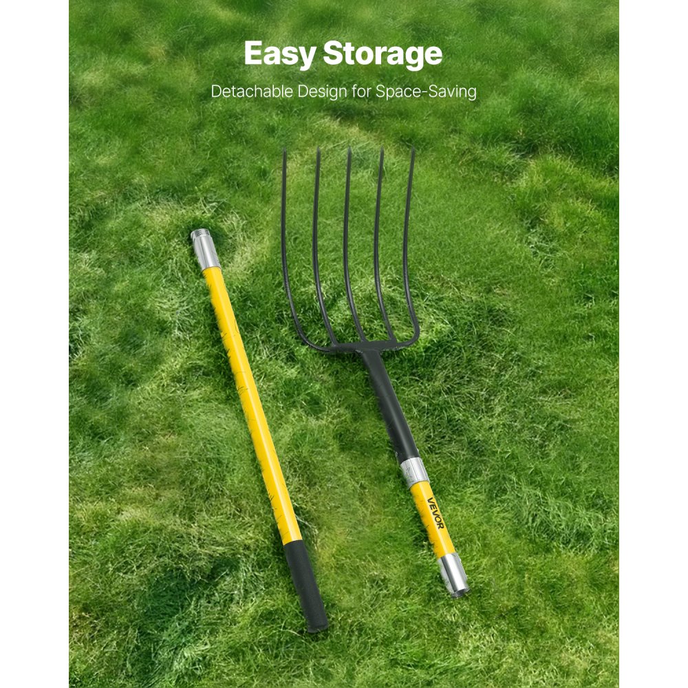VEVOR Mestvork 1450 mm, 5-puntige hooivork met glasvezelsteel, mestvork, mestvork, tuinvork, gesmede stalen spitvork voor hooi, aardappelcompostering, verplanten en beluchting