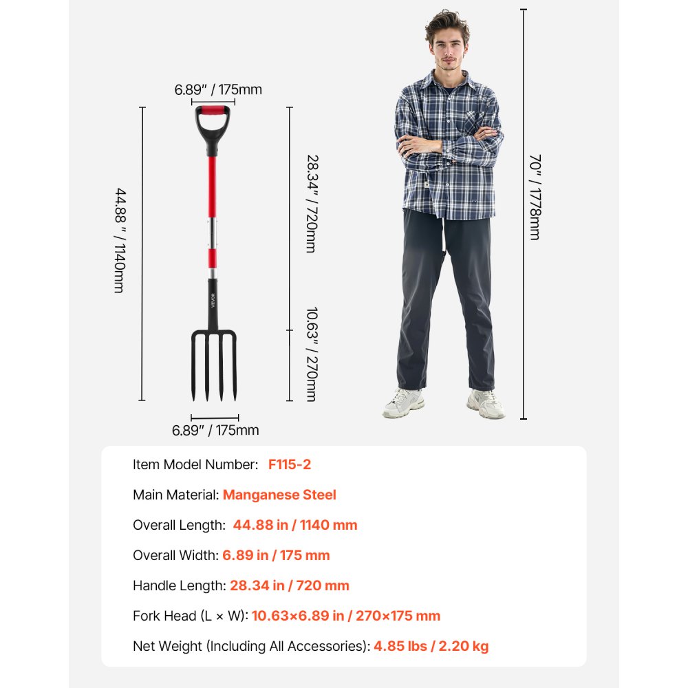 VEVOR Garden Fork, 4-Tine Gardening Pitchfork with Fiberglass Handle, 45 in Heavy Duty Digging Fork with Y Grip, Forged Steel Spading Fork for Hay Potato Composting Transplanting Aeration