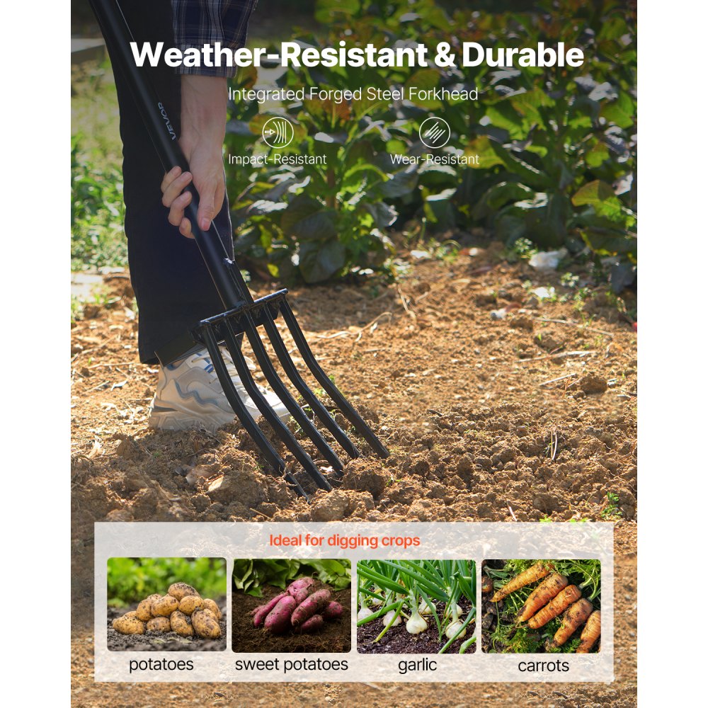 VEVOR mestvork, 5-puntige tuinhooivork met mestvork, 1050 mm hooivork, mestvork met Y-handgreep, gesmede stalen spitvork voor hooi, aardappelcompostering, verplanten, beluchting