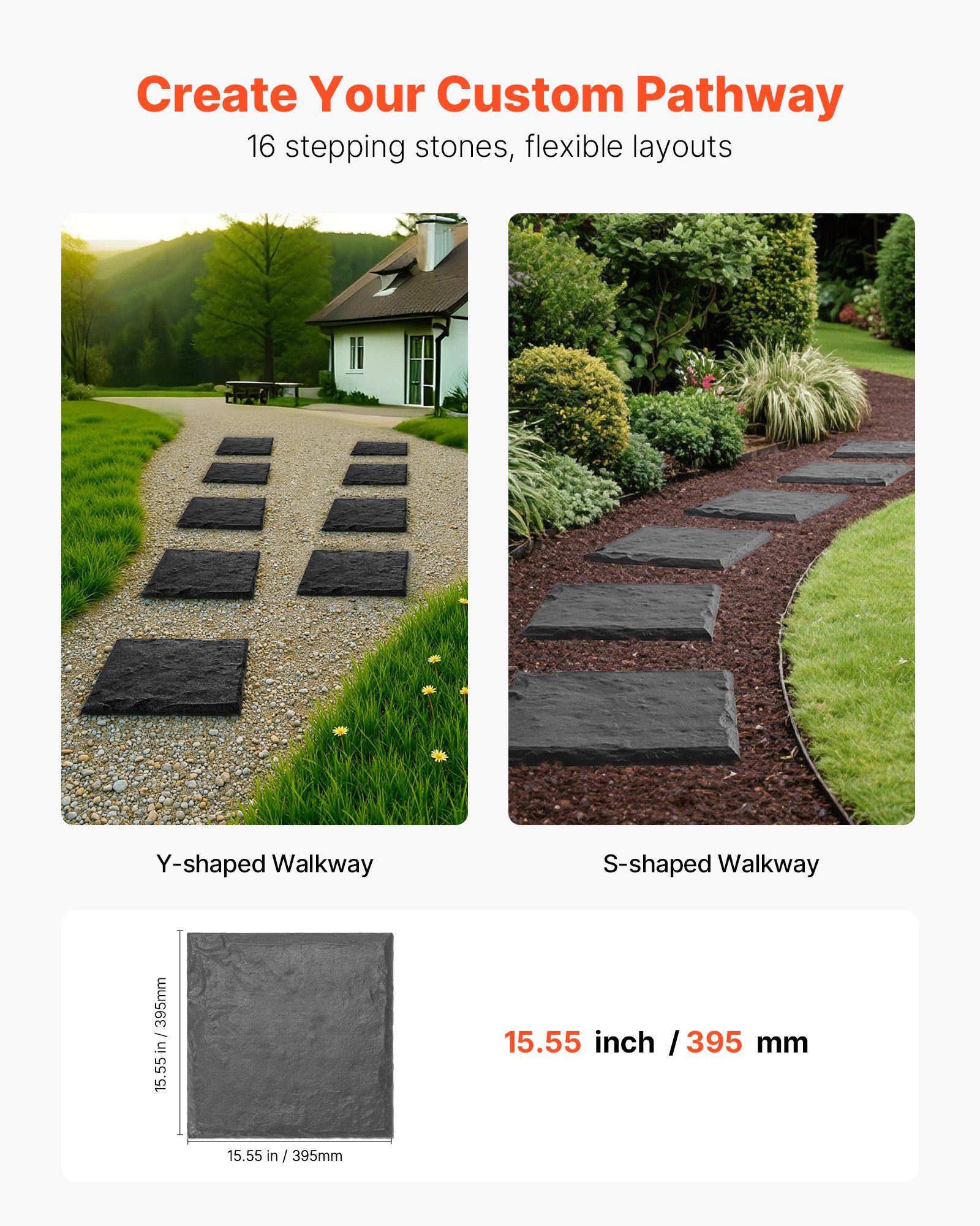 VEVOR Garden Stepping Stones, 16Pcs 15.5 x 15.5 in, Decorative Stepping Stones with Stakes, Weather-Resistant Plastic Pathway Pavers, Smooth Surface, Outdoor Walkway for Lawn Patio Landscape, Grey