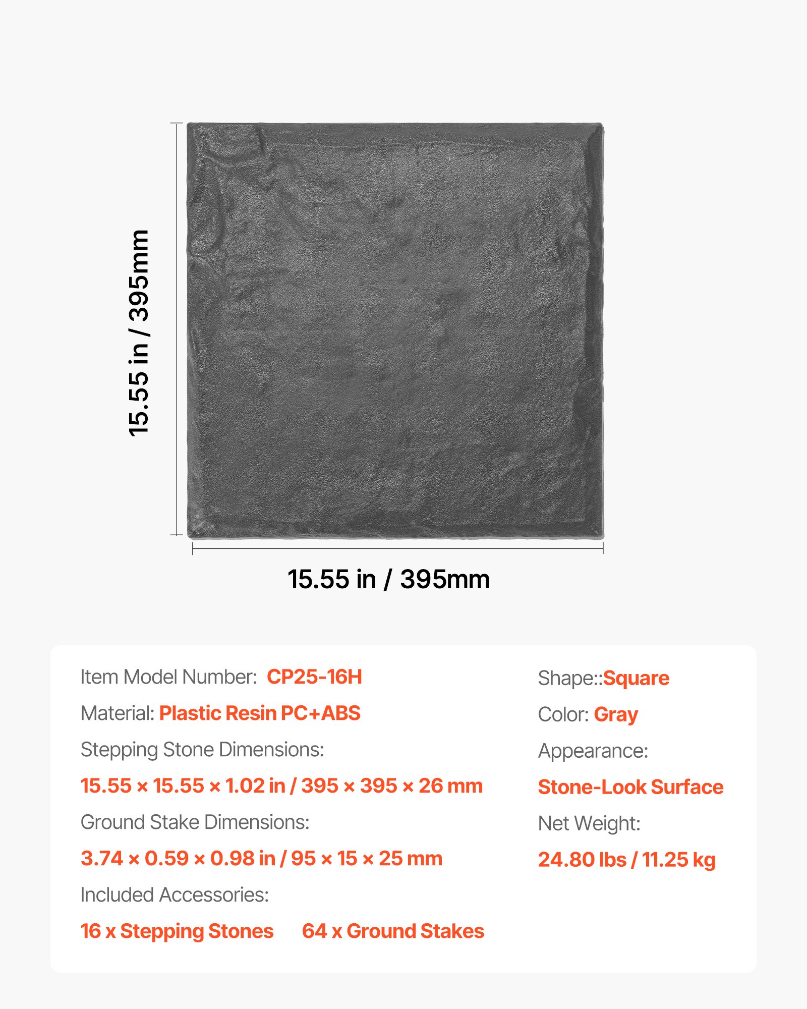 VEVOR Garden Stepping Stones, 16Pcs 15.5 x 15.5 in, Decorative Stepping Stones with Stakes, Weather-Resistant Plastic Pathway Pavers, Smooth Surface, Outdoor Walkway for Lawn Patio Landscape, Grey