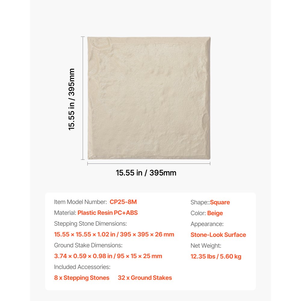 VEVOR Stepping Stones Garden, 8 stuks, 395x395 mm, decoratieve bestratingsplaat met palen, kunststof padtegels, stenen plaat van PC-hars, steenlook voor gazon, terraslandschap, beige