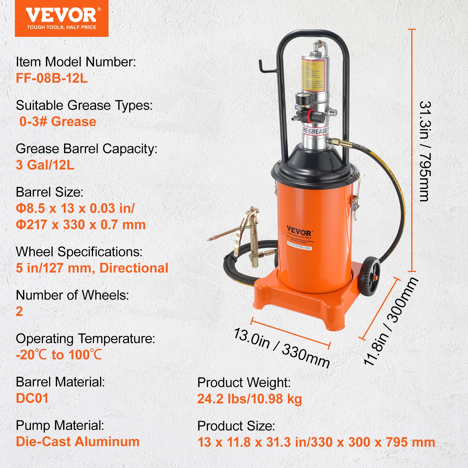 VEVOR Vetpomp 12L Luchtbediende vetpomp 0,6-0,8 MPa Aluminium spuitgietpomp -20-100℃ Bedrijfstemperatuur, pneumatische vetpomp NPT-aansluiting Smeervetpomp Geschikt voor 0-3# vet