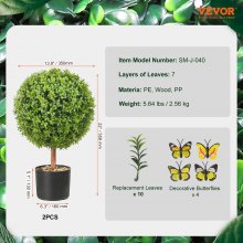 VEVOR 2x Buxusbol Kunst 559mm Tuindecoratie Buxus in Bloempot Kunstbuxusbol Kunstplant gemaakt van PE, Hout, PP inclusief 4 stuks Decoratieve Vlinders en 10 stuks Vervangende Bladeren