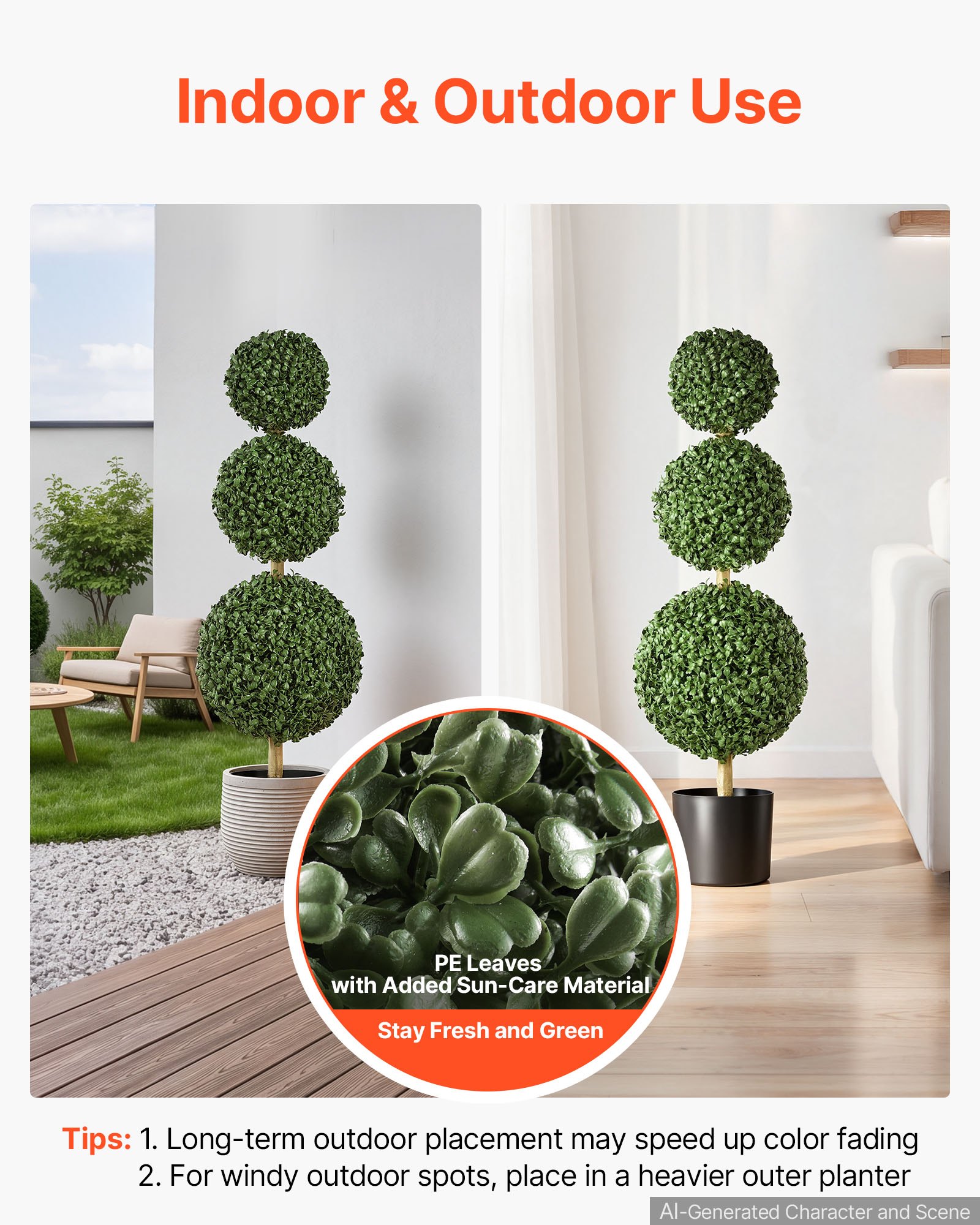 VEVOR Kunstplant 2 stuks. Kunstmatige buxus met PP-pot 914 mm, decoratieve plant voor woonkamer, balkon, kantoor, veranda of tuin, UV-bestendig, kunstboom gemaakt van PE, drievoudige bolvorm, voor binnen en buiten.