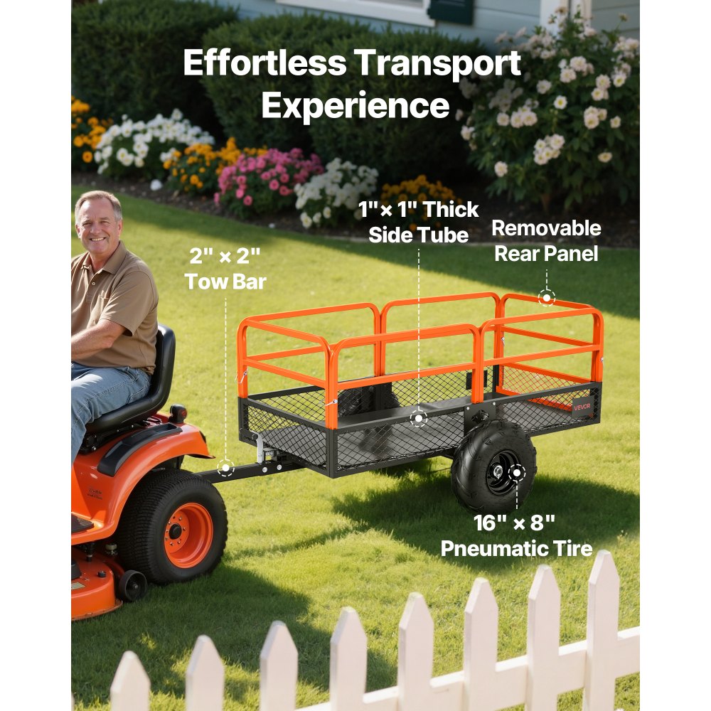 VEVOR Garden Utility Trailer, 22 Cu. Ft. & 1600lbs, ATV UTV Trailer, Tow Behind Steel Dump Trailers, Removable Rear Panel, Heavy Duty Pull Behind Yard Trailers for Lawn Mower Tractor Garden Waste