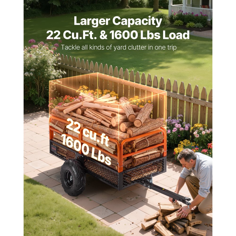 VEVOR Garden Utility Trailer, 22 Cu. Ft. & 1600lbs, ATV UTV Trailer, Tow Behind Steel Dump Trailers, Removable Rear Panel, Heavy Duty Pull Behind Yard Trailers for Lawn Mower Tractor Garden Waste