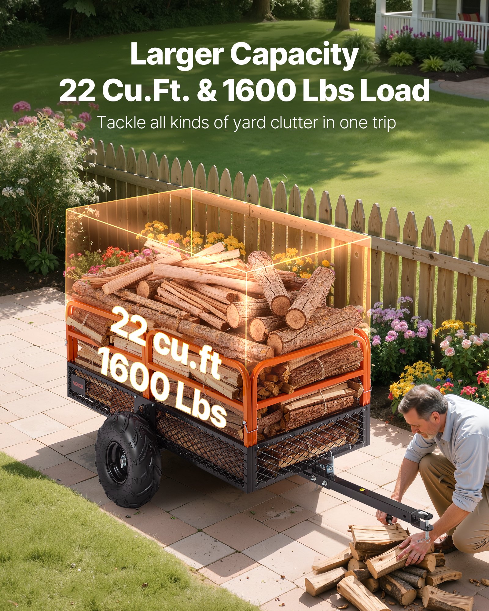VEVOR Garden Utility Trailer, 22 Cu. Ft. & 1600lbs, ATV UTV Trailer, Tow Behind Steel Dump Trailers, Removable Rear Panel, Heavy Duty Pull Behind Yard Trailers for Lawn Mower Tractor Garden Waste
