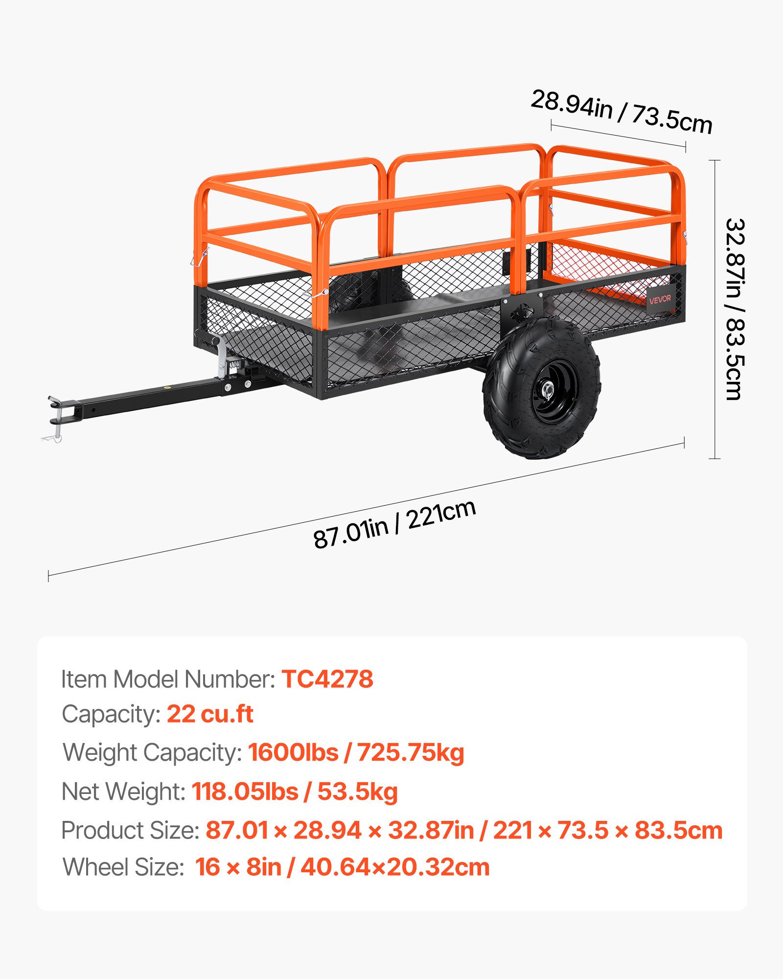 VEVOR Garden Utility Trailer, 22 Cu. Ft. & 1600lbs, ATV UTV Trailer, Tow Behind Steel Dump Trailers, Removable Rear Panel, Heavy Duty Pull Behind Yard Trailers for Lawn Mower Tractor Garden Waste