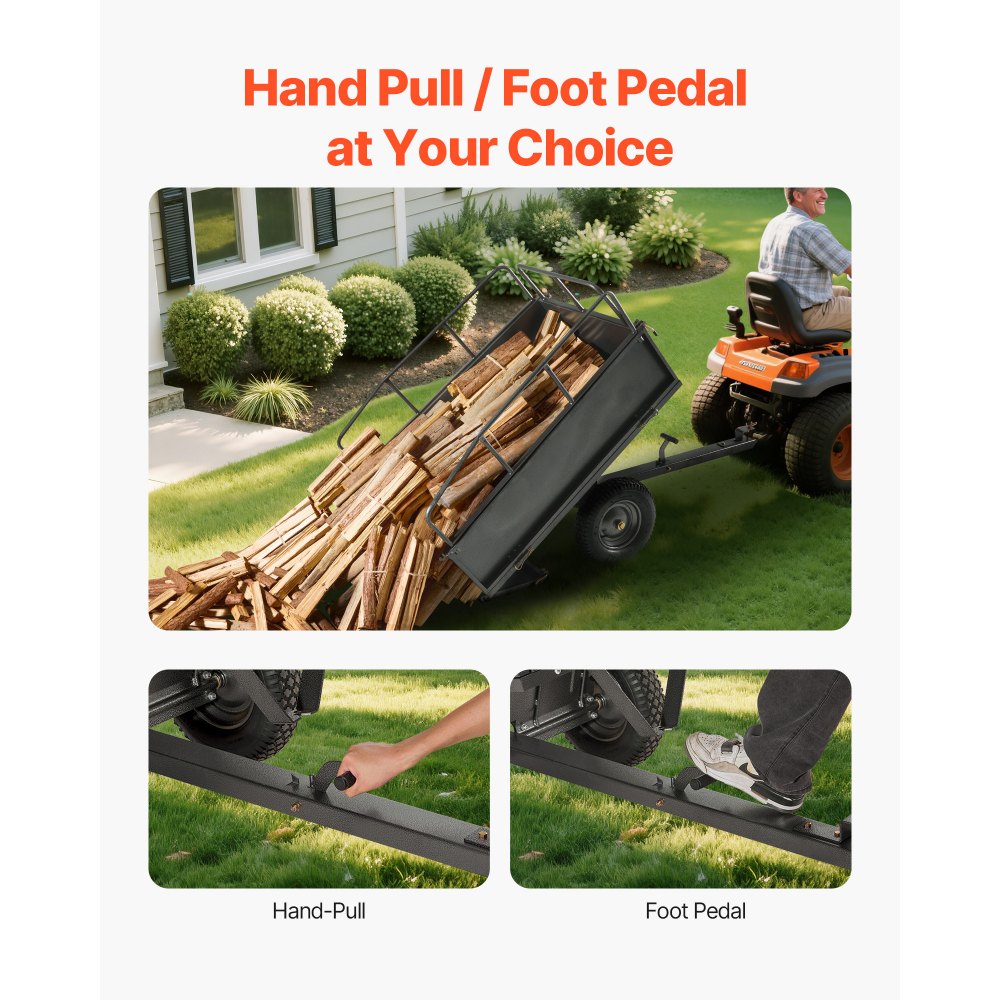 VEVOR Dump Trailer, 272 kg capaciteit, ATV UTV Transport Trailer, Pull-Along Kipper met 40,64 cm banden, Handtrek of voetpedaal, Yard Trailer voor grasmaaiers en tractoren
