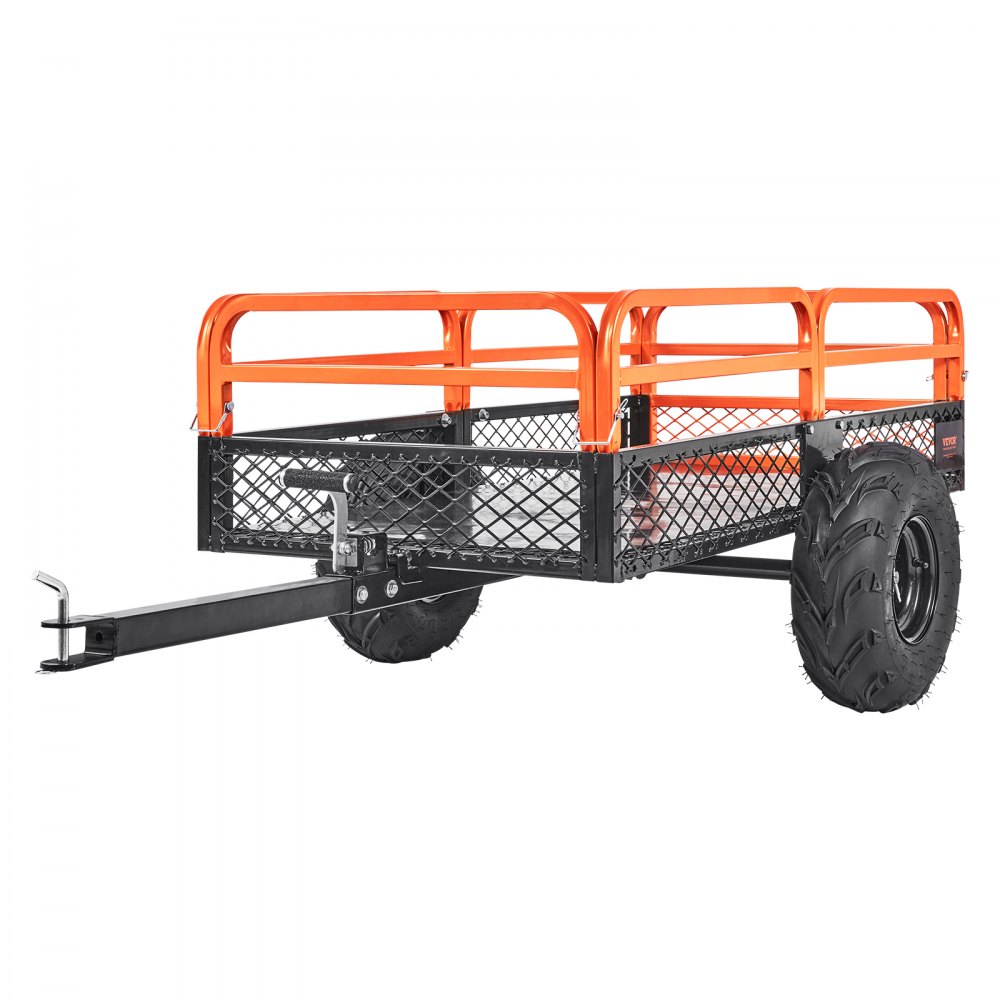 VEVOR heavy-duty lawn tractor tipping trailer with 680 kg load capacity, towing hitch with tilting loading area, trailer with folding side walls, orange ATV UTV tipping trailer trailer