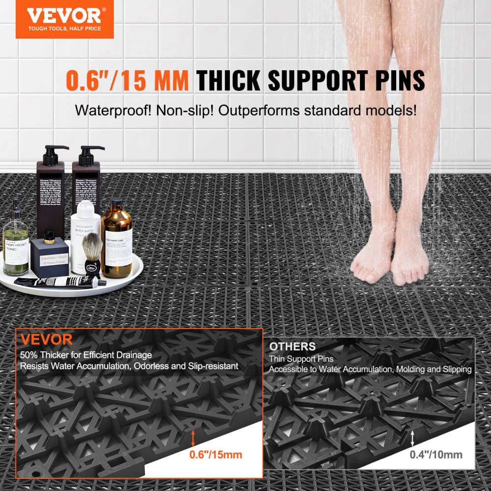 VEVOR in elkaar grijpende tegels, 50 stuks, drainagetegels, 30 x 30 cm, vierkante buitentegels, terras, PVC-vloertegels, badkamer, toilet, zwart