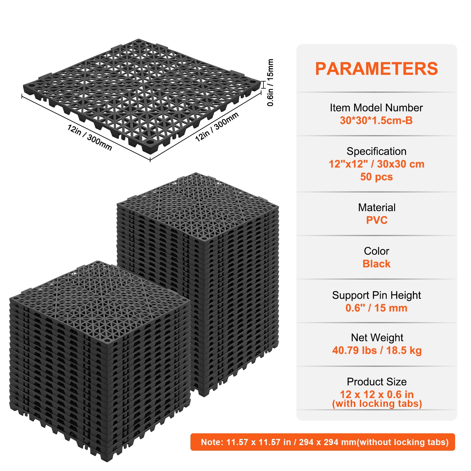 VEVOR in elkaar grijpende tegels, 50 stuks, drainagetegels, 30 x 30 cm, vierkante buitentegels, terras, PVC-vloertegels, badkamer, toilet, zwart