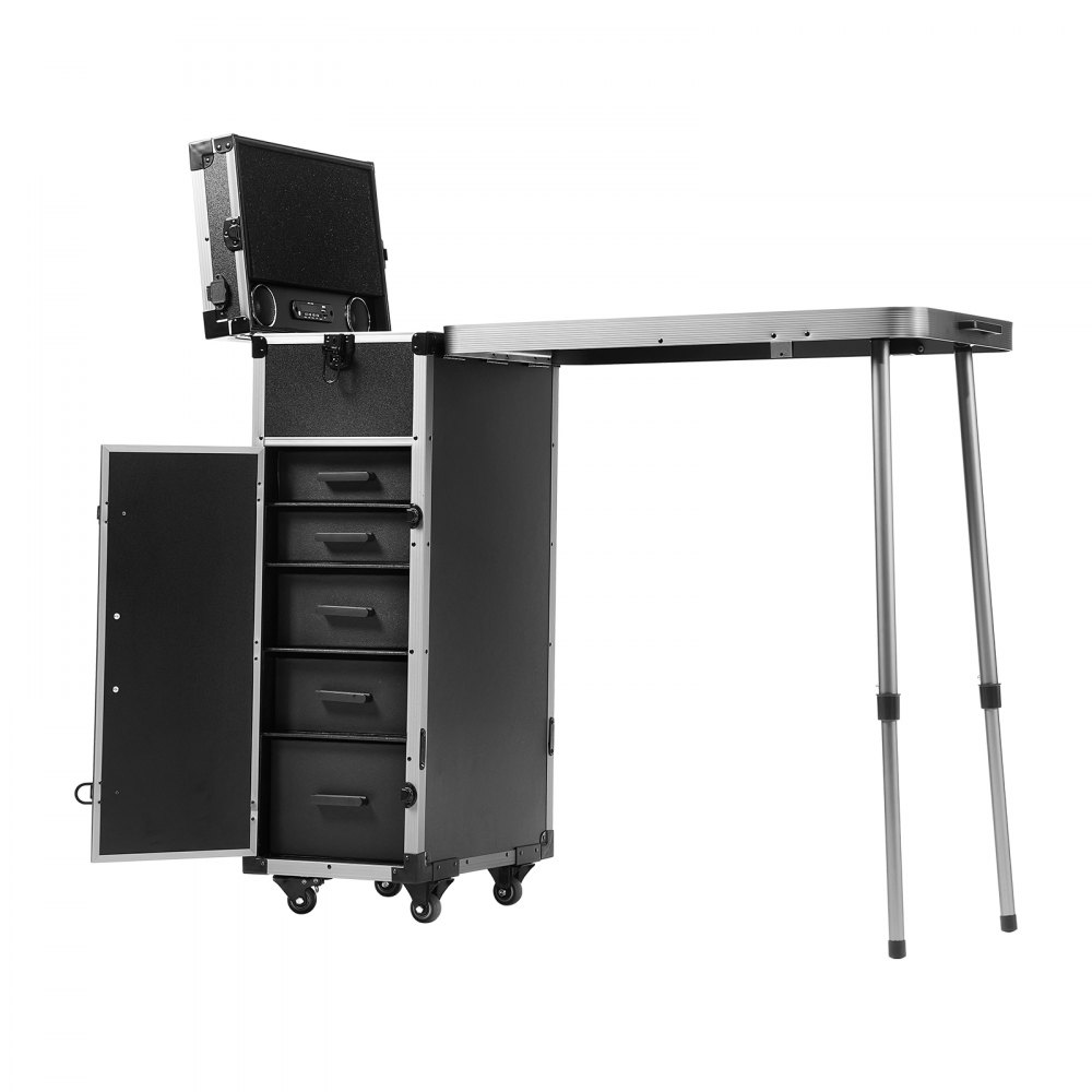 VEVOR Professionele aluminium make-upkoffer, cosmetische koffer, werkbank met steunpoten, rollende make-upkoffer, extra grote trolley, make-up reisorganizer, met 360° draaibare wielen, zwart