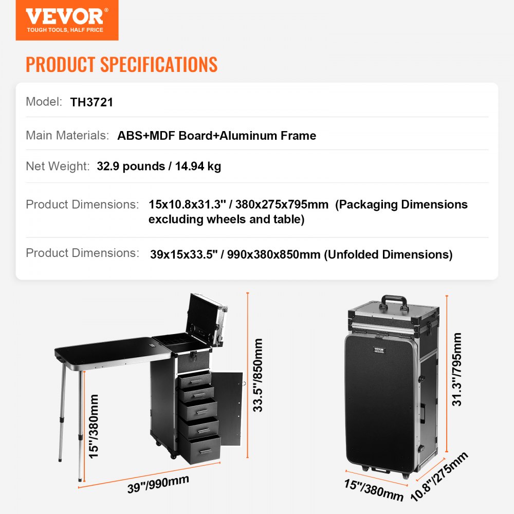 VEVOR Professionele aluminium make-upkoffer, cosmetische koffer, werkbank met steunpoten, rollende make-upkoffer, extra grote trolley, make-up reisorganizer, met 360° draaibare wielen, zwart
