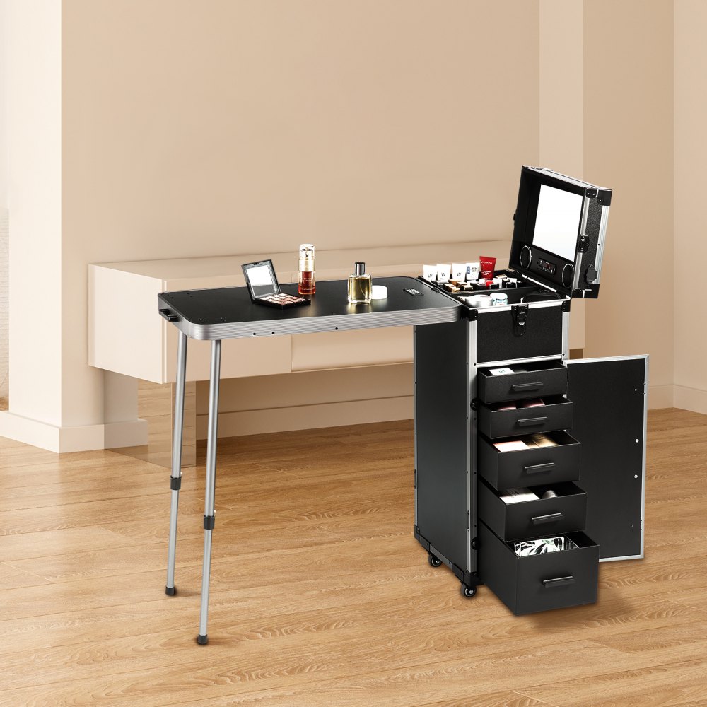 VEVOR Professionele aluminium make-upkoffer, cosmetische koffer, werkbank met steunpoten, rollende make-upkoffer, extra grote trolley, make-up reisorganizer, met 360° draaibare wielen, zwart