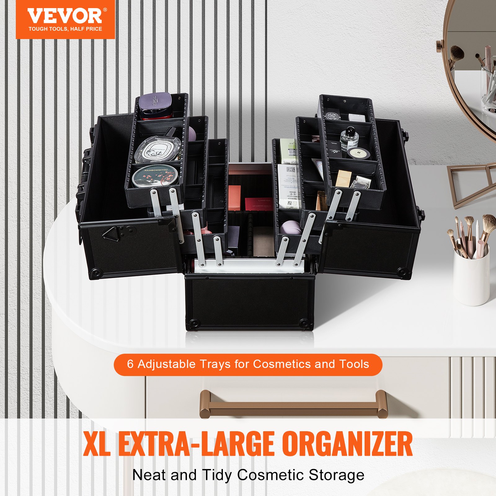 VEVOR Makeup Train Case 370MM Large Portable Cosmetic Case, 6 Tier Trays Professional Makeup Storage Organizer Box Make Up Carrier with Handle And Strap Travel Case for Women and Girls - Black