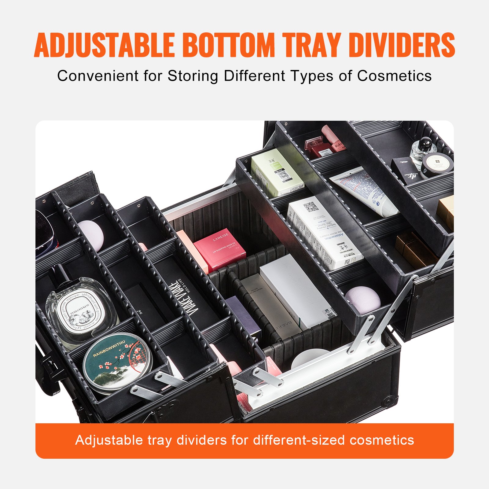 VEVOR cosmeticakoffer met 6 uitneembare opbergvakken, make-uptas van ABS + aluminium frame, robuust, slijtvast, make-upkoffer, make-uptas, cosmetische tas, make-up organizer, 370 x 230 x 287 mm