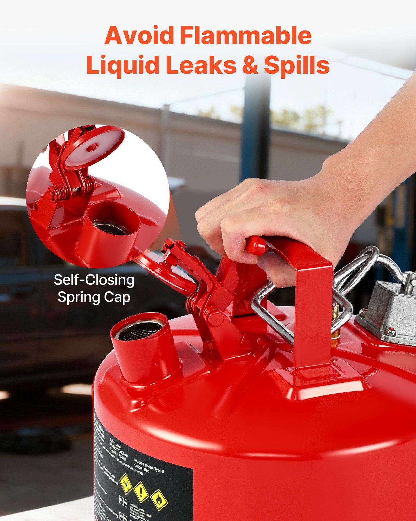 VEVOR Safety Gas Can, 2.5 Gallon Type II Red Safety Can for Gasoline with Stainless Steel Flame Arrester, Self-Closing Lid & Flexible Metal Spout, Carbon Steel Flammable Storage with Ergonomic Handle