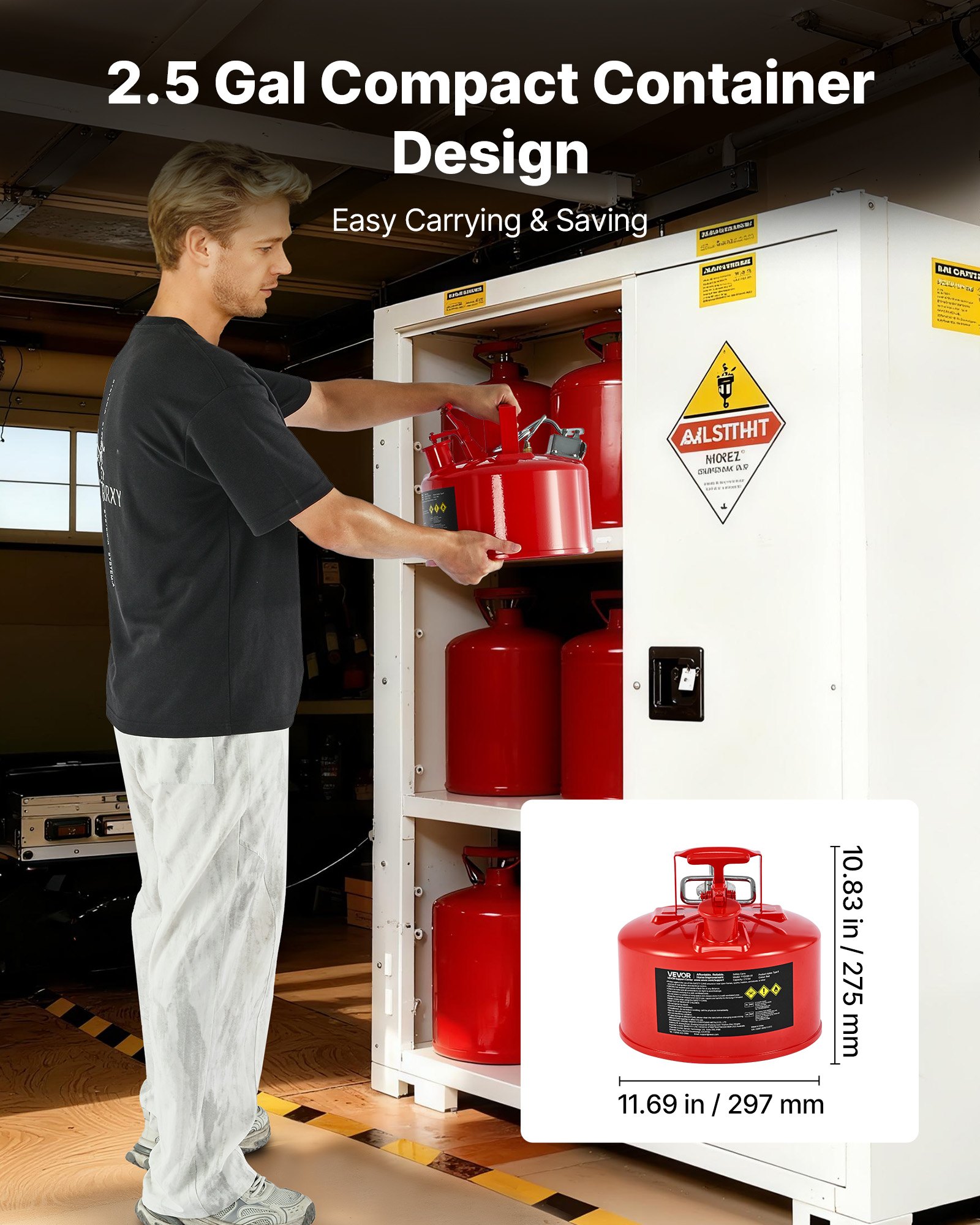 VEVOR Safety Gas Can, 2.5 Gallon Type II Red Safety Can for Gasoline with Stainless Steel Flame Arrester, Self-Closing Lid & Flexible Metal Spout, Carbon Steel Flammable Storage with Ergonomic Handle