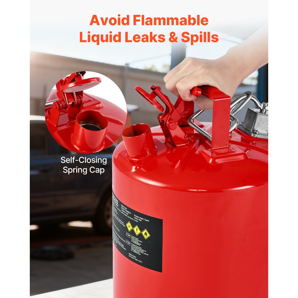 VEVOR Safety Gas Can, 5 Gallon Type II Red Safety Can for Gasoline with Stainless Steel Flame Arrester, Self-Closing Lid & Flexible Metal Spout, Carbon Steel Flammable Storage with Ergonomic Handle