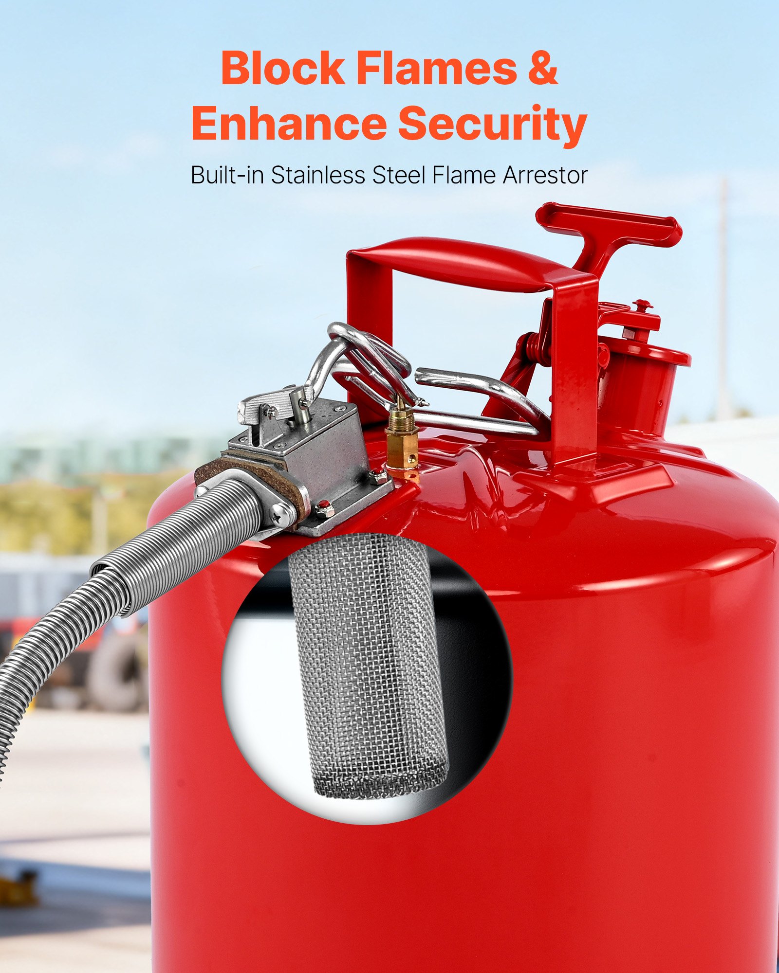 VEVOR Safety Gas Can, 5 Gallon Type II Red Safety Can for Gasoline with Stainless Steel Flame Arrester, Self-Closing Lid & Flexible Metal Spout, Carbon Steel Flammable Storage with Ergonomic Handle