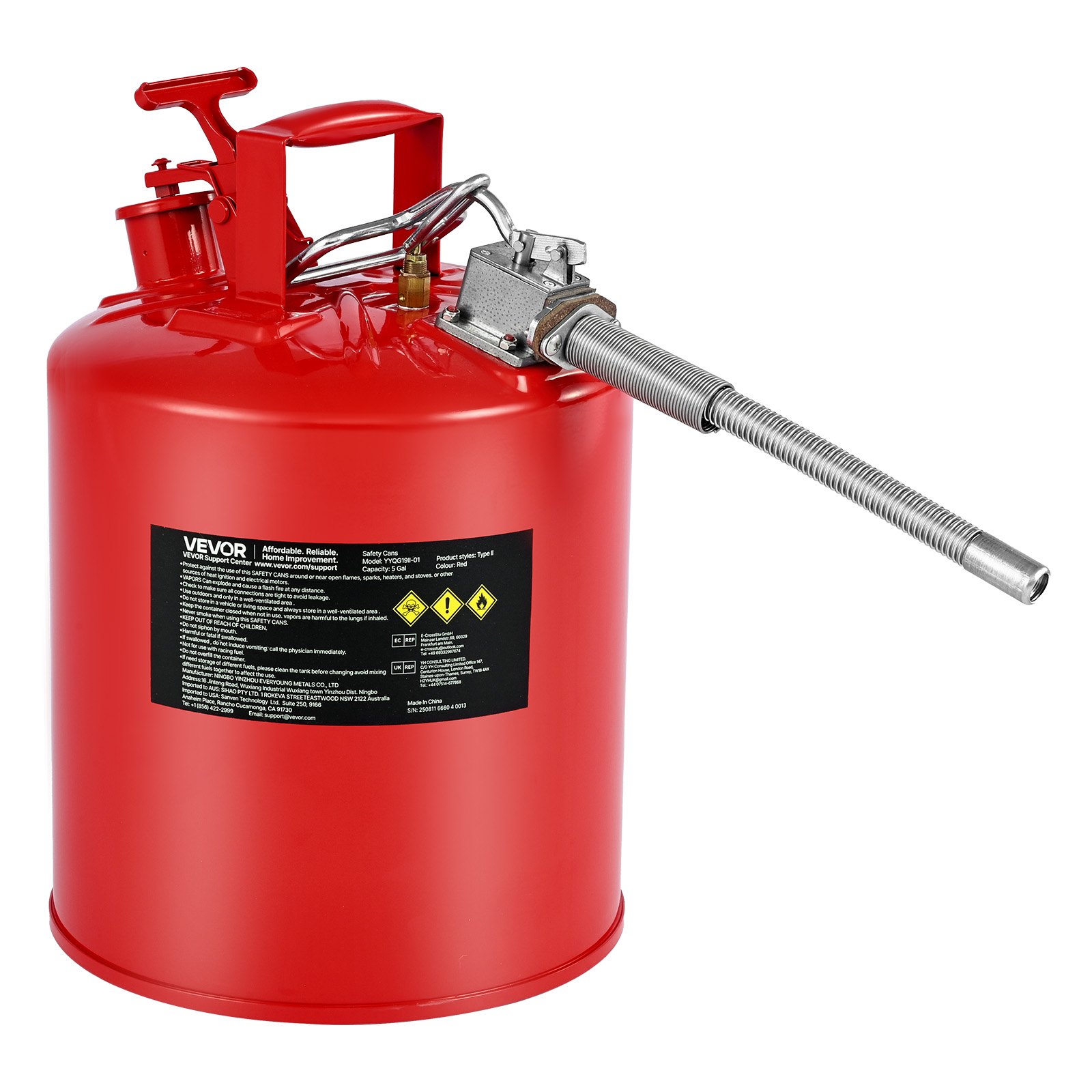 VEVOR Veiligheidscontainer, 19 L Type II Veiligheidscontainer met vlamvertrager, zelfsluitend deksel en flexibele metalen tuit, Opslagcontainer voor ontvlambare materialen, Rood