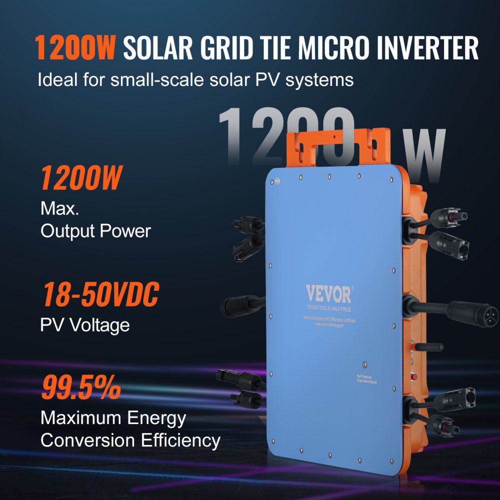 VEVOR Solar Grid Tie Micro Inverter, 1200W, Solar Micro Inverter, IP67 Waterproof Aluminum Alloy Solar Power Grid Tie Inverter DC18-50V Operating Voltage with APP Wifi Antenna Power Cord, for Solar Panel Systems