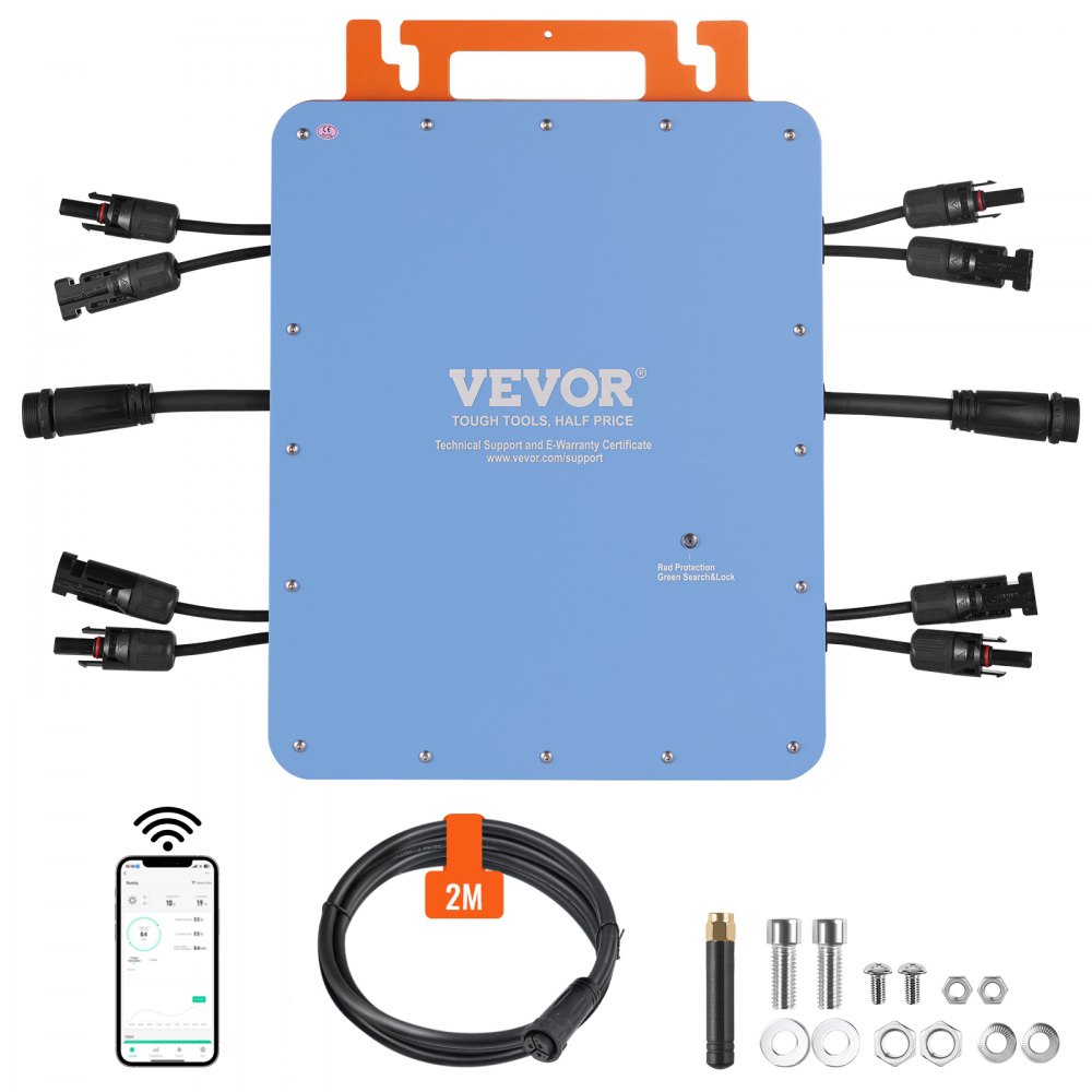 VEVOR Solar Grid Tie Micro Inverter, 1200W, Solar Micro Inverter, IP67 Waterproof Aluminum Alloy Solar Power Grid Tie Inverter DC18-50V Operating Voltage with APP Wifi Antenna Power Cord, for Solar Panel Systems