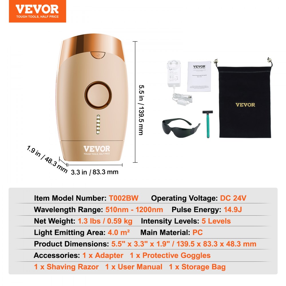 VEVOR IPL laserontharingsapparaat 17J ontharingsapparaat epilator 510-1200 nm golflengtebereik 4,0 m² lichtgevend gebied 5-niveaus intensiteitsaanpassing 400.000 lichtpulsen ontharing