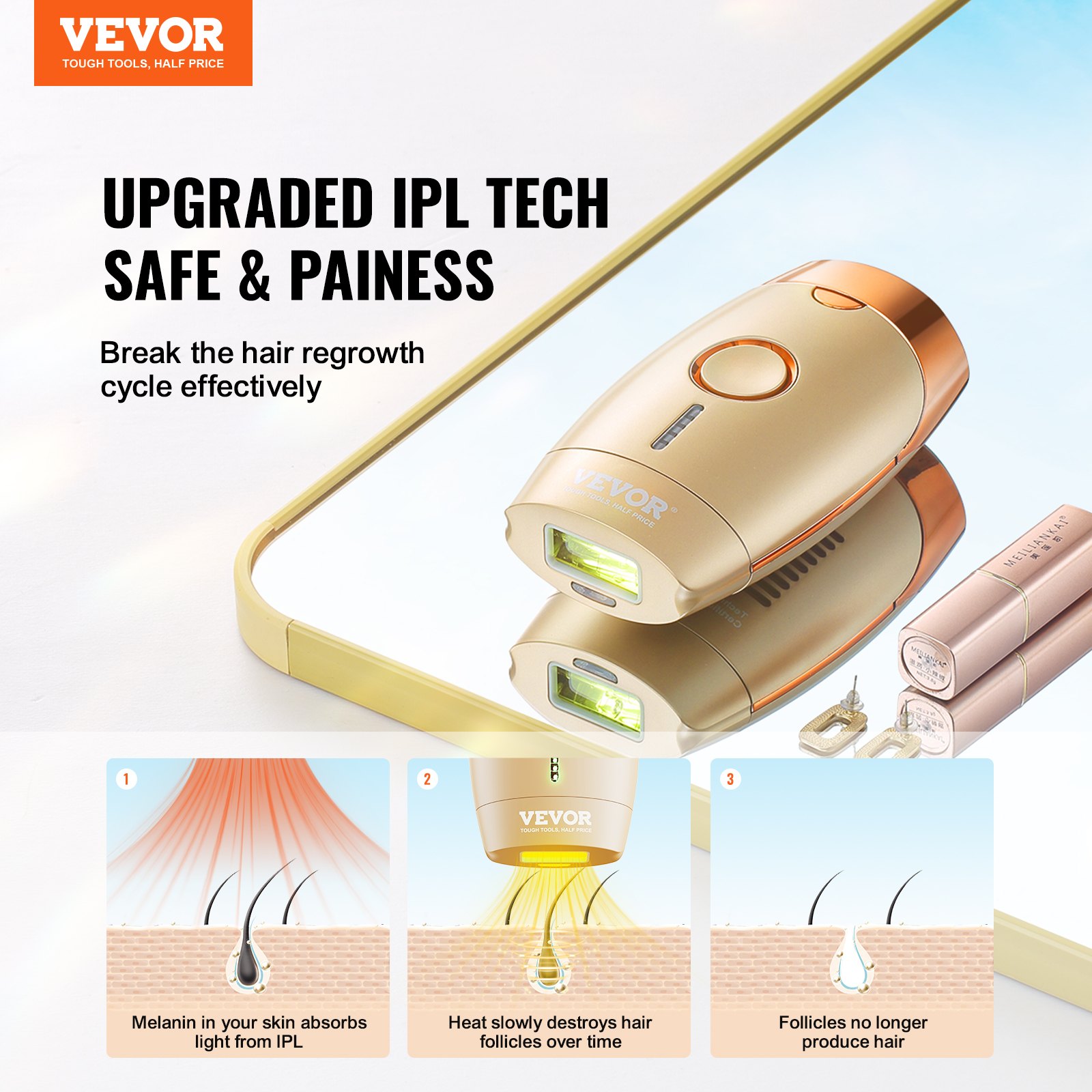 VEVOR IPL laserontharingsapparaat 17J ontharingsapparaat epilator 510-1200 nm golflengtebereik 4,0 m² lichtgevend gebied 5-niveaus intensiteitsaanpassing 400.000 lichtpulsen ontharing