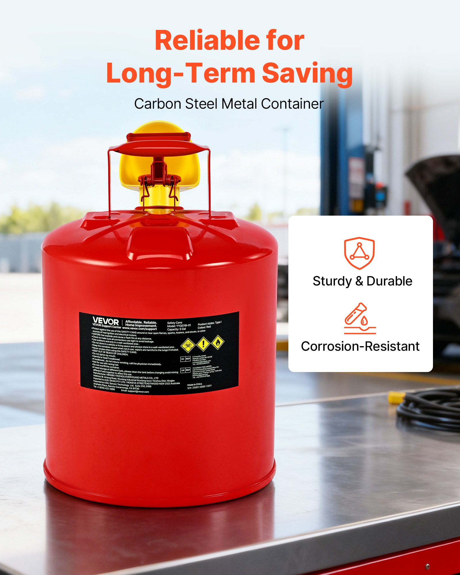 VEVOR Veiligheidsjerrycan, 19 liter type I, veiligheidscontainer voor benzine met vlamdover, zelfsluitend deksel en PE-trechter, ergonomische handgreep, opslagcontainer voor ontvlambare stoffen, rood