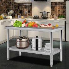 VEVOR Commercial stainless steel table 122 x 76 x 86 cm, stainless steel two-layer work table cutting table gastro 150 kg + 100 kg load capacity, commercial kitchen table, height-adjustable preparation table